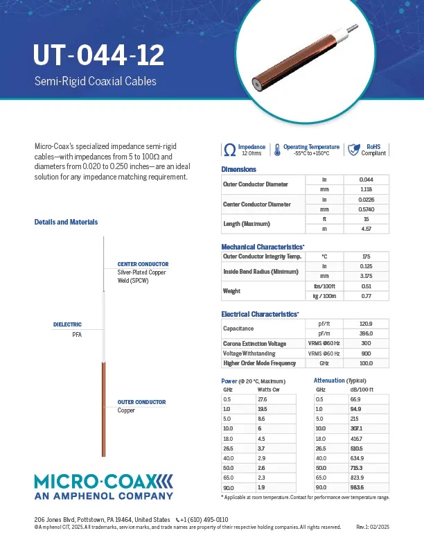 Кабель Micro-coax semi-rigid cable UT-044-12 